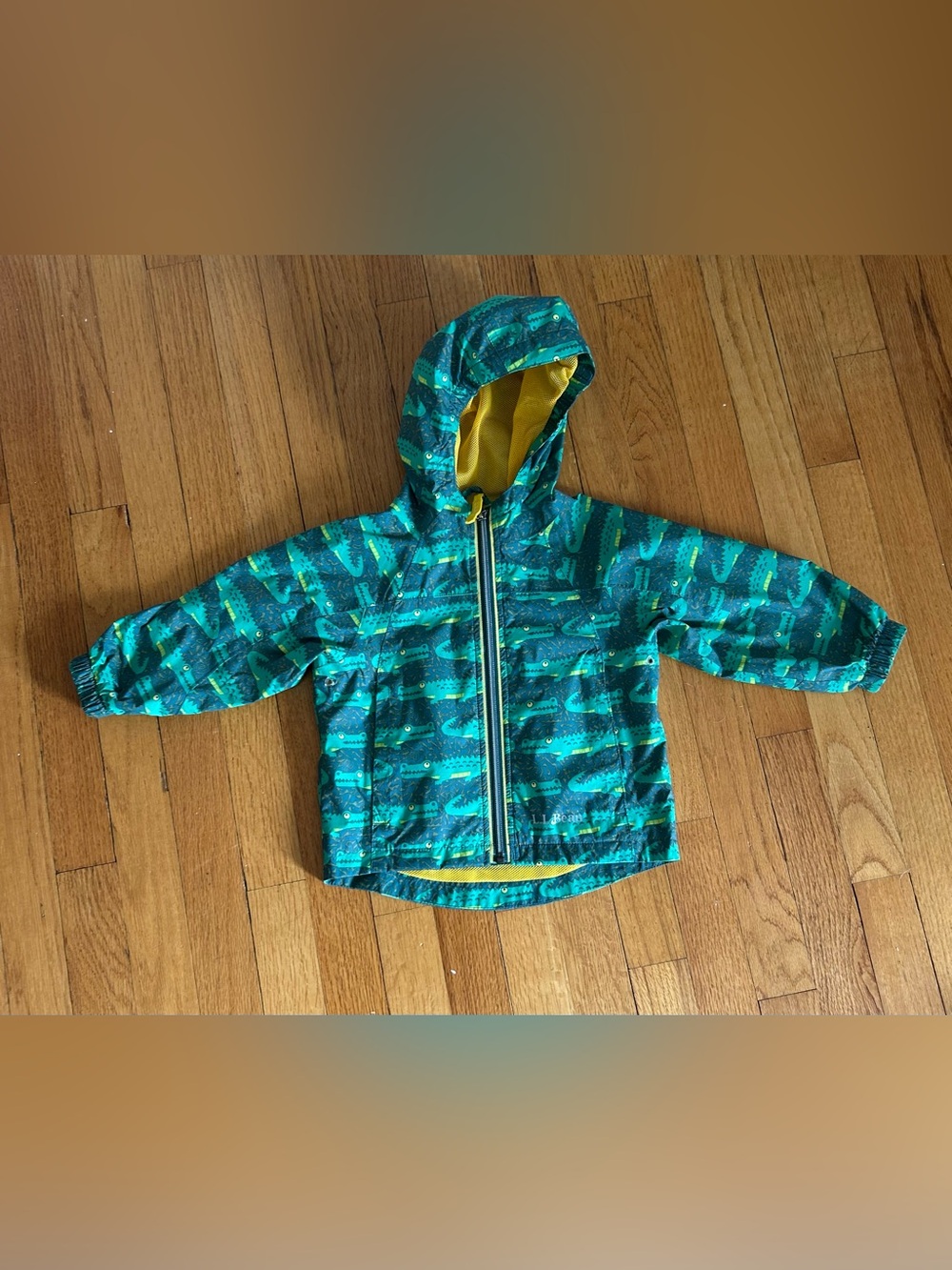 L.L. Bean Green Print Toddler Hooded Rain Jacket with Yellow Trim
